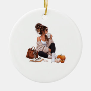 Cosy Autumn Coffee Girl Fall Aesthetic Art Ceramic Tree Decoration