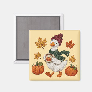 Cosy Autumn Duck with Pumpkin Coffee Fall Leaves Magnet