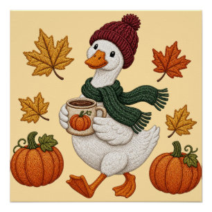 Cosy Autumn Duck with Pumpkin Coffee Fall Leaves Poster