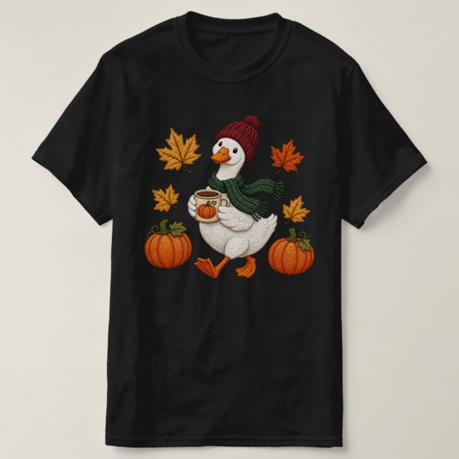 Cosy Autumn Duck with Pumpkin Coffee Fall Leaves  T-Shirt (Design Front)