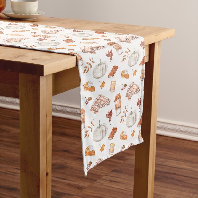 Cosy Autumn Essentials Watercolor Pattern Short Table Runner (In Situ)