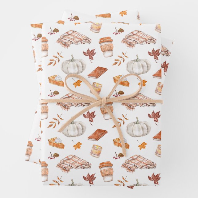 Cosy Autumn Essentials Watercolor Pattern Wrapping Paper Sheet (In situ)