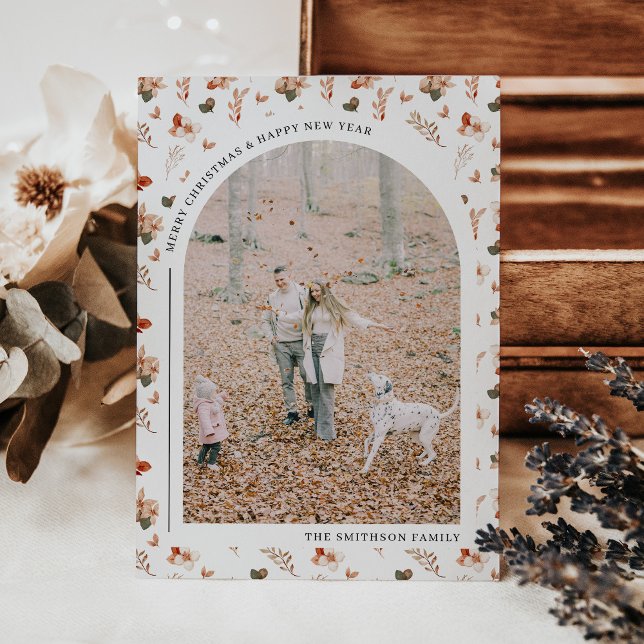 Cosy Autumn Floral Arch Botanical Christmas Photo Holiday Card (Creator Uploaded)