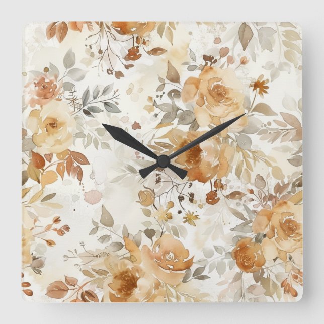 Cosy Autumn Floral Botanical Print Square Wall Clock (Front)