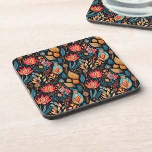 Cosy Autumn Floral Print Digital Folk Art Coaster