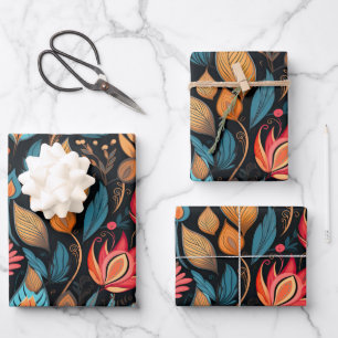Cosy Autumn Floral Print Digital Folk Art Wrapping Paper Sheet