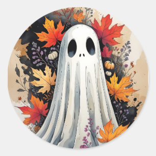 Cosy Autumn Ghost – Kawaii Halloween Watercolor Ar Classic Round Sticker