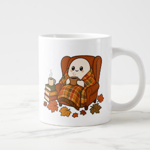 Cosy Autumn Ghost with Coffee Kawaii Fall Readin Large Coffee Mug