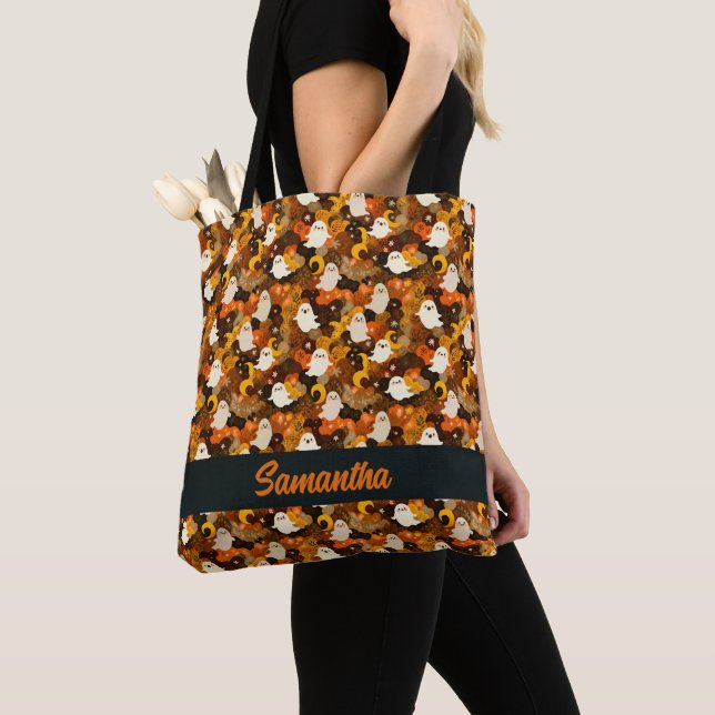 Cosy Autumn Ghosts and Leaves Tote Bag (Close Up)