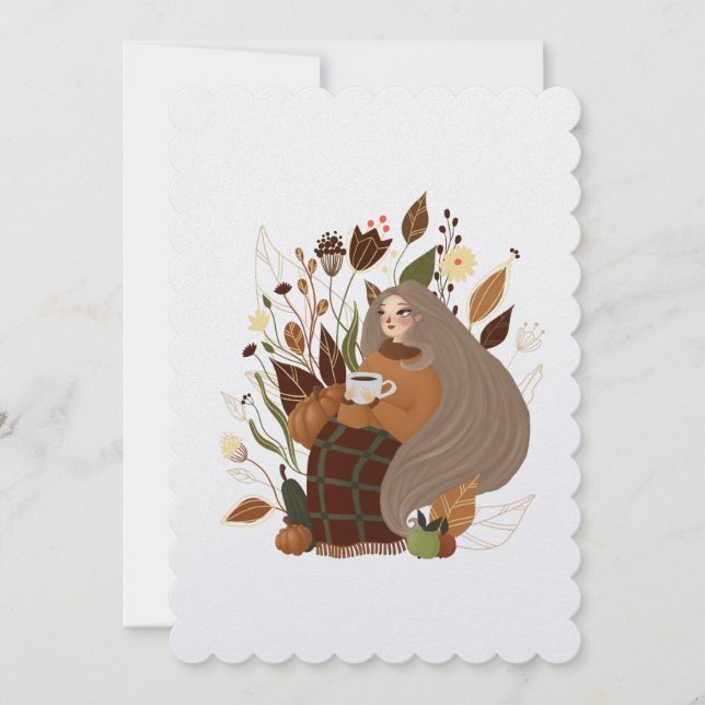 Cosy Autumn Girl Holiday Card (Front)