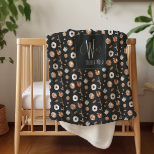 Cosy Autumn Hygge Illustrated Pattern Monogram Sherpa Blanket