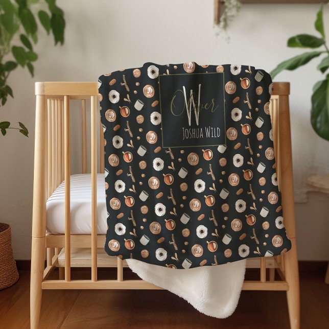 Cosy Autumn Hygge Illustrated Pattern Monogram Sherpa Blanket (Creator Uploaded)
