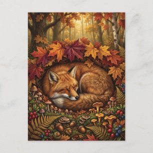 Cosy Autumn Illustration of a Sleeping Red Fox Holiday Postcard