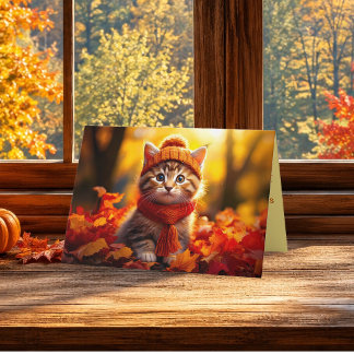Cosy Autumn Kitten Thanksgiving Greeting Holiday Card