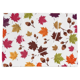 Cosy Autumn Leaves and Acorns Fall Pattern Large Gift Bag