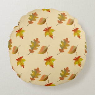 Cosy autumn maple leaves oak leaves round cushion