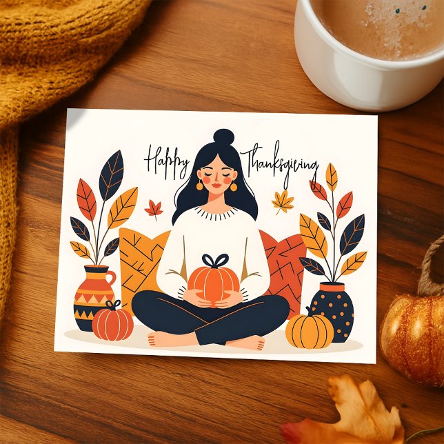 Cosy Autumn Meditation Woman Pumpkin Thanksgiving Holiday Postcard (Creator Uploaded)