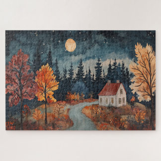 Cosy Autumn Night Cottage Fall Watercolor Jigsaw Puzzle