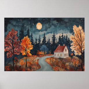 Cosy Autumn Night Cottage Watercolor Fall Art Poster