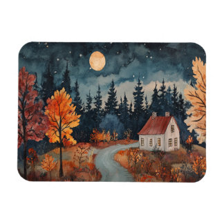 Cosy Autumn Night Cottage | Watercolor Fall Decor Magnet