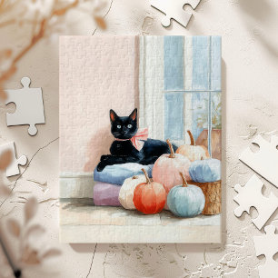Cosy Autumn Pastel Pumpkins Black Cat Jigsaw Puzzle