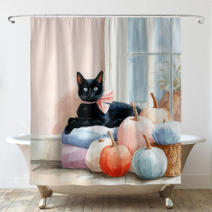 Cosy Autumn Pastel Pumpkins Black Cat Shower Curtain