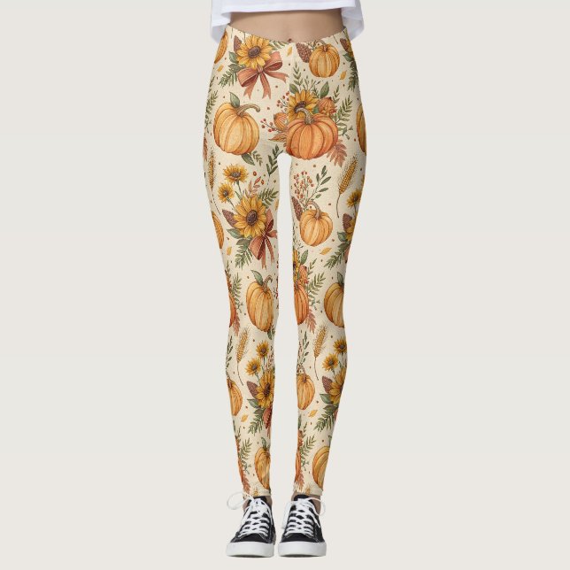 Cosy Autumn Pumpkin and Sunflower Pattern Leggings (Front)