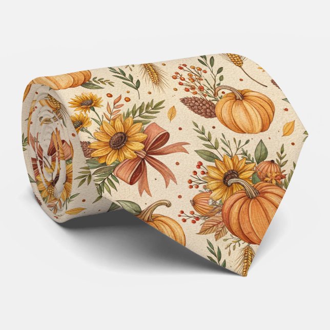 Cosy Autumn Pumpkin and Sunflower Pattern Tie (Rolled)