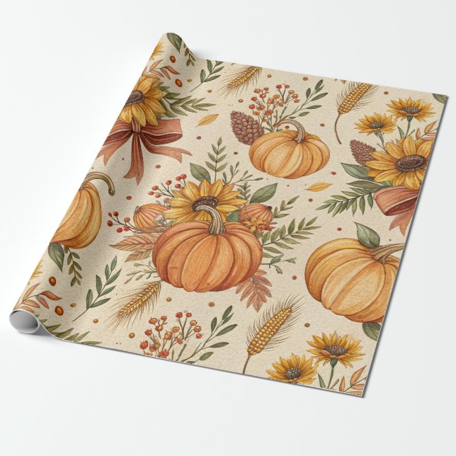 Cosy Autumn Pumpkin and Sunflower Pattern Wrapping Paper (Unrolled)
