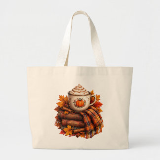 Cosy Autumn Pumpkin Latte Books Design Large Tote Bag