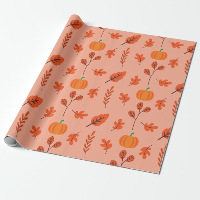 Cosy Autumn Pumpkin Leaf Seamless Wrapping Paper (Unrolled)