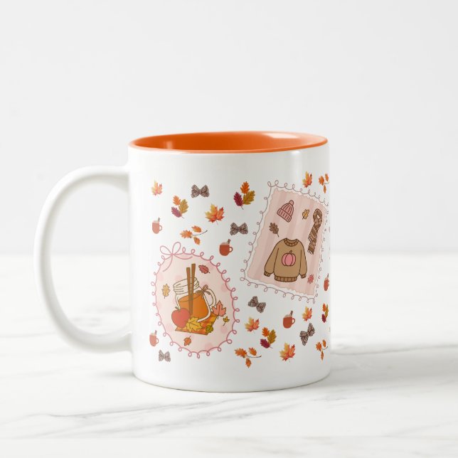 Cosy Autumn Pumpkin Spice Sweater & Leaves Two-Ton Two-Tone Coffee Mug (Left)