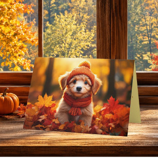 Cosy Autumn Puppy Thanksgiving Greeting Holiday Card