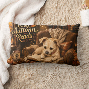 Cosy Autumn Reads Cute Book Lover Puppy Lumbar Cushion