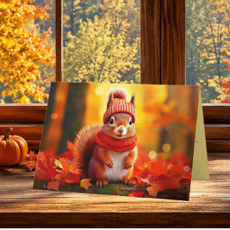 Cosy Autumn Red Squirrel Thanksgiving Greeting Holiday Card