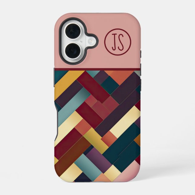 Cosy Autumn Tones Weave Pattern Monogrammed iPhone 16 Case (Back)