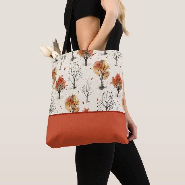 Cosy Autumn Trees Botanical Print Colour Block Tote Bag (Close Up)
