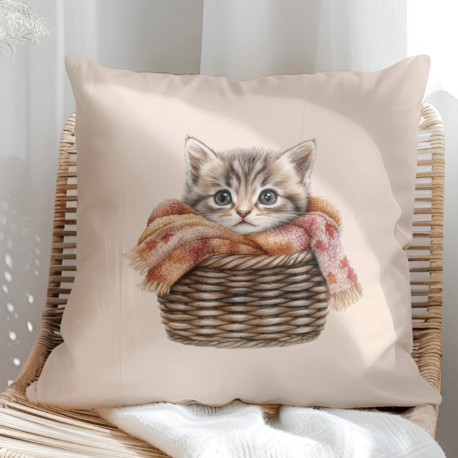 Cosy Basket Cat Pillow – Warm Cream Edition (Cozy Basket Cat Pillow – Warm Cream Edition in a sunny boho rattan chair)