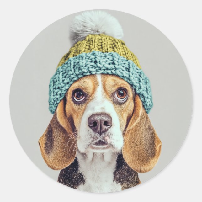 Cosy Beagle in a Winter Knit Hat Classic Round Sticker (Front)