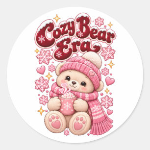 Cosy Bear Era Cute Pink Christmas Classic Round Sticker