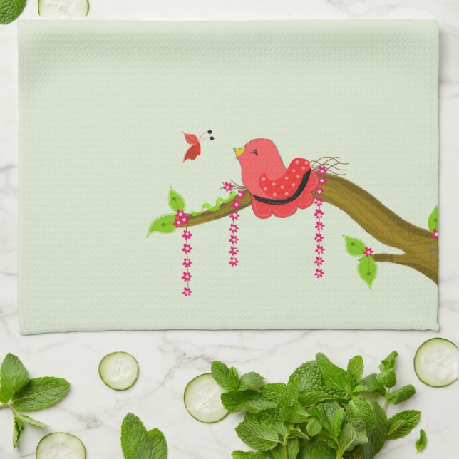 Cosy Bird Chirping At A Butterfly Tea Towel (Folded)
