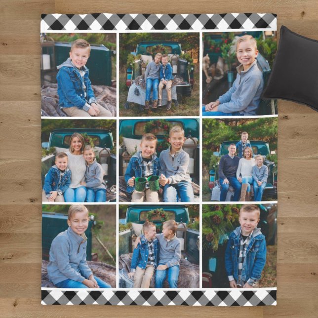 Cosy Black Buffalo Plaid Holiday Photo Collage Fleece Blanket (Creator Uploaded)
