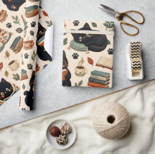 Cosy Black Cat Book Lover Pattern Wrapping Paper