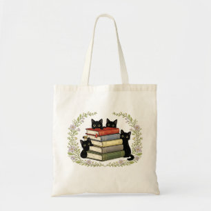 Cosy Black Cat Book Stack Botanical Wreath Art Tote Bag