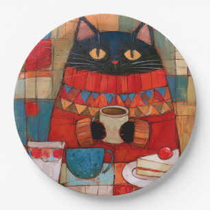Cosy Black Cat Drinking Coffee At Cafe Paper Plate
