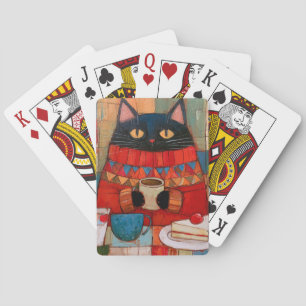Cosy Black Cat Drinking Coffee At Cafe Playing Cards