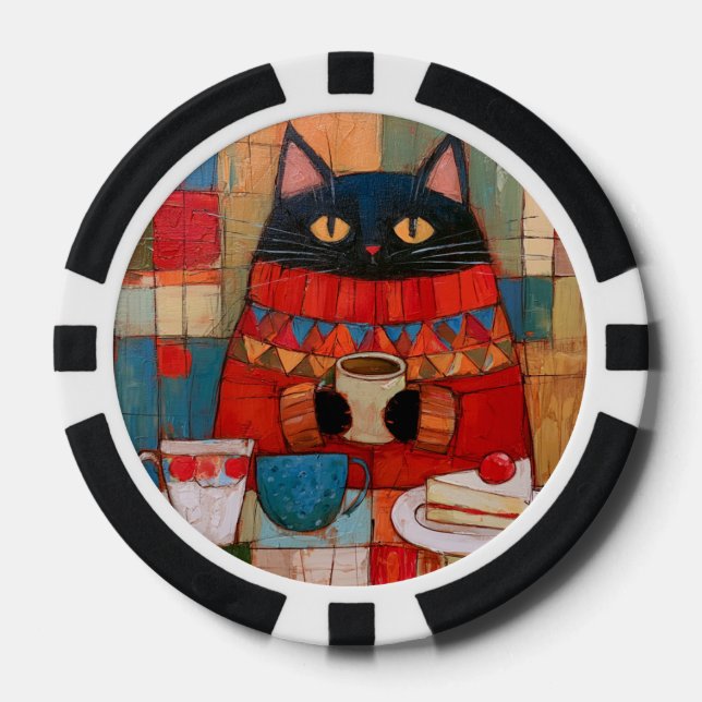 Cosy Black Cat Drinking Coffee At Cafe Poker Chips (Front)