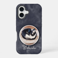 Cosy Black White Sleeping Cat Art Custom Name