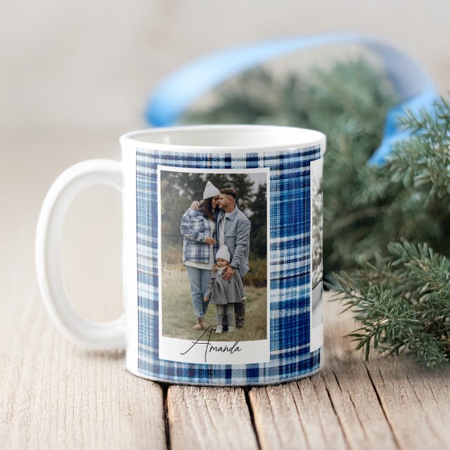 Cosy Blue and Navy Plaid Flannel Family Photo Coffee Mug (Cozy Blue and Navy Plaid Flannel Family Photo Coffee Mug)