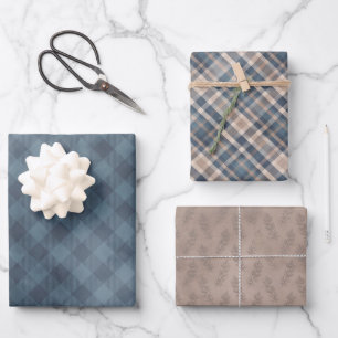 Cosy Blue and Tan Plaid Pine Cones and Home Wrappi Wrapping Paper Sheet